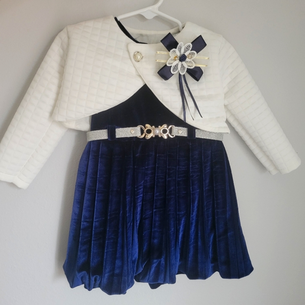 Formal velvet blue dress with white jacket and broch toddler 2t
